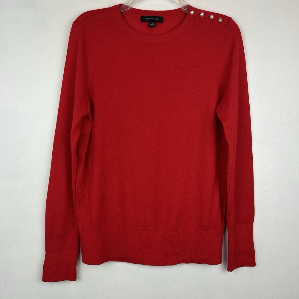 Ann Taylor Red Sweater Womens M Pearl Knit Pullover‎ Top Lightweight Holiday